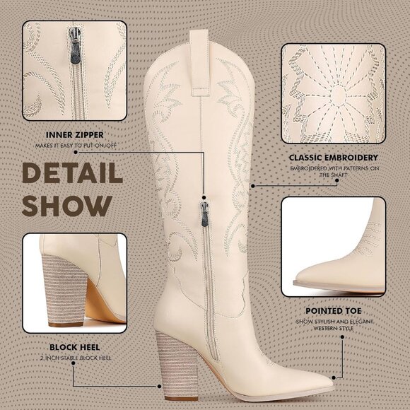 Women's White Embroidered Wide Calf Chunky Knee High Heels Western Boots - Picture 4 of 7